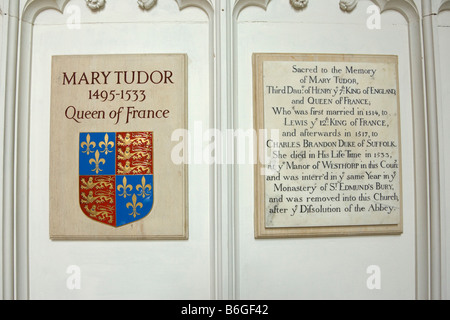 plaque in memory of Mary Tudor inside St Marys Church at Bury St Edmunds, Suffolk, UK Stock Photo