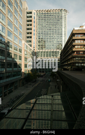 View from the upper levels of the Barrbican Estate, looking down Silk Street towards the Citypoint building Stock Photo