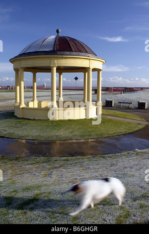 Blyth Bandstand in Frost with Running Dog Stock Photo