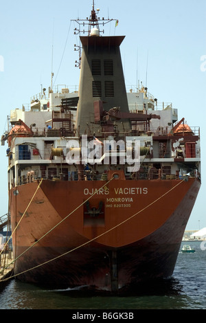 Latvian owned Liberian registered oil products vessel Ojars Vacietis under repair in Dakarnave ship repair yards Dakar Senegal Stock Photo