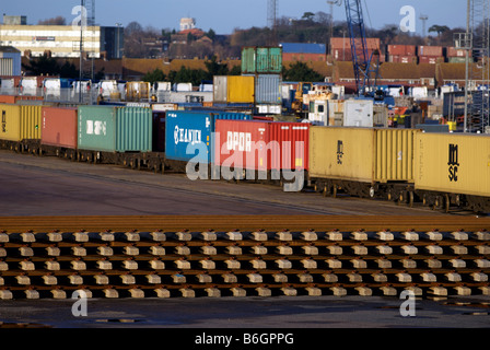 Railway tracks waiting to be installed to expand the southern rail freight terminal at the Port of Felixstowe, Suffolk, UK. Stock Photo
