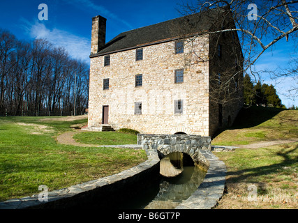 The rear view of George Washington's Grist Mill, a historic site about two miles away from Mount Vernon in Alexandria Virginia. Stock Photo