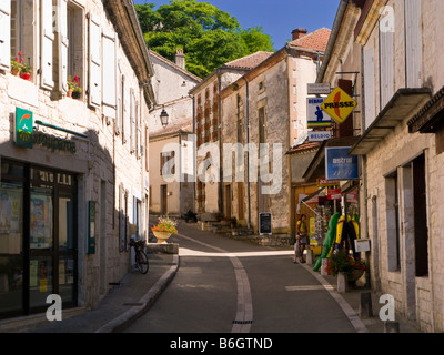 Street with small Tabac shop store in the medieval town of Montaigu de Quercy, Tarn et Garonne, France, Europe Stock Photo