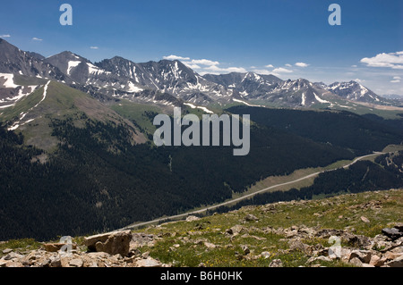 Peaks and Colorado Highway 91 from the summit of Copper Peak, Copper Mountain Resort in summer, Summit County, Colorado. Stock Photo