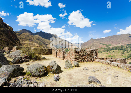 Stone walls of ancient buildings at the Pisac Ruins of the Inca empire ...