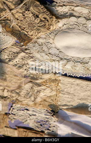 Antique lace on sale at street market in Bologna, Italy. Stock Photo