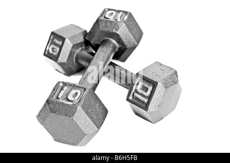 Two ten pound dumbbells isolated on white Stock Photo
