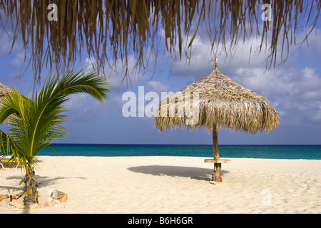 View from under Palapa on beach Aruba Stock Photo