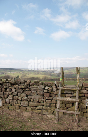 Waymarked wall crossing point on the Ripon Rowel walk near Masham Yorkshire Stock Photo