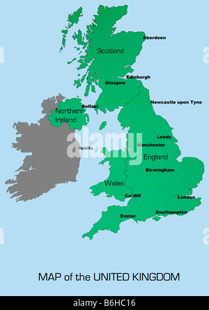 UK map outline showing England Scotland Wales and Northern Ireland with major cities Stock Photo