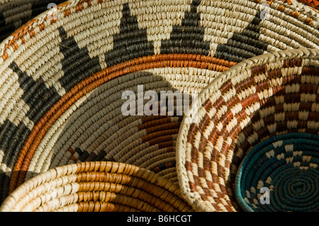 Hand woven American Indian baskets on display at store in Madras NM Stock Photo