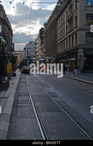 Trams on Rue du Rhône in Geneva, Switzerland Stock Photo