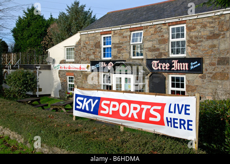 a banner outside a country pub in cornwall,uk advertising 'sky sports' Stock Photo