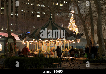 Nighttime Carousel Ride in Bryant Park New York (For Editorial Use Only) Stock Photo