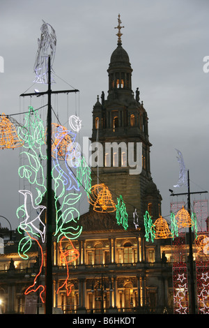 City of Glasgow, Scotland. Close up dusk view of George Square Christmas decorations with City Chambers in the background. Stock Photo