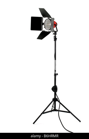 Redhead stage light with barndoors on a stand isolated on a white background Stock Photo