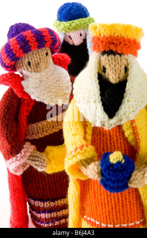 Fun knitted figures representing the Three Wise Men or Three Kings of the Christmas Nativity story. Stock Photo