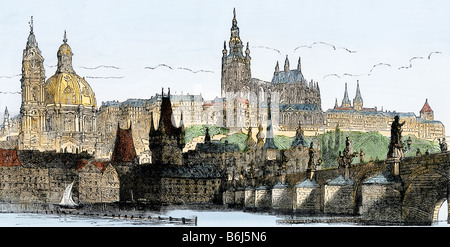 Hradschin Palace, Kleinseite, and bridge over the Vltava, or Moldau, River in Prague, Czechoslovakia, 1800s. Hand-colored woodcut Stock Photo