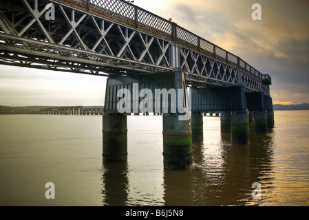 The Tay bridge railway viaduct across the river Tay at Dundee in Scotland looking across towards the Fife bank. Stock Photo