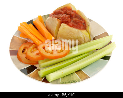 Fresh Healthy Baked Jacket Potato With Tomato Salsa And Salad Isolated Against A White Background With No People And A Clipping Path Stock Photo