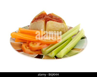 Fresh Healthy Baked Jacket Potato With Tomato Salsa And Salad Isolated Against A White Background With No People And A Clipping Path Stock Photo