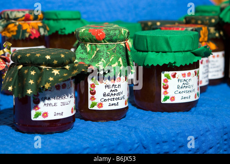 UK Cheshire Chester Cathedral Christmas Fair cloister home made jam and preserves in charity sale Stock Photo