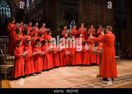 UK Cheshire Chester Cathedral Choir in rehearsal conducted by Philip Rushforth Stock Photo