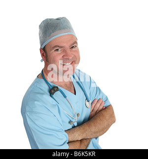 A friendly handsome doctor in surgical scrubs Isolated Stock Photo