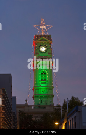 Christmas lights on Prahran Town Hall clock tower Stock Photo