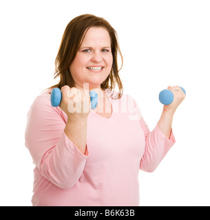 Beautiful plus sized model working out with free weights Isolated on white Stock Photo