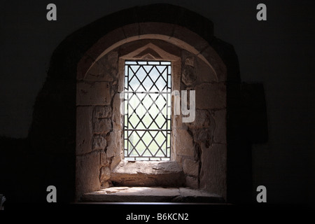 Old glass leaded window in St Oswalds church Thornton Steward near Masham North Yorkshire England UK Stock Photo