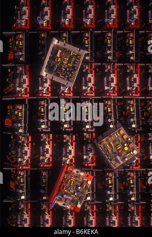 computer circuit boards technology chips still life red black in a row Stock Photo