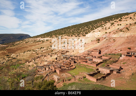 Asni Valley Morocco Rural landscape with traditional Berber mountain village on hillside in High Atlas Mountains Stock Photo