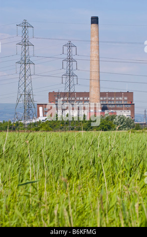 View over reed beds toward power station at Newport Wetlands National Nature Reserve South Wales UK Stock Photo