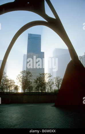 Wells Fargo Bank building is framed by Calder sculpture in downtown Los Angeles, California, USA Stock Photo