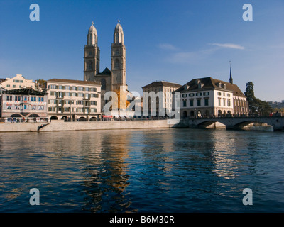 Grossmunster Cathedral and river Limmat in Zurich,Switzerland Stock Photo