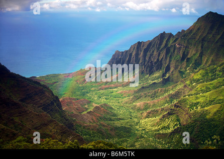 Aerial View of Kauai Coastline in Hawaii With Rainbow Stock Photo