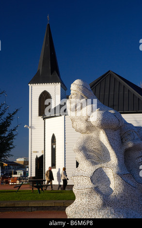 Mosaic Sculpture of Captain Scott in front of the Norwegian Church, Cardiff Bay, Cardiff, Wales, UK Stock Photo