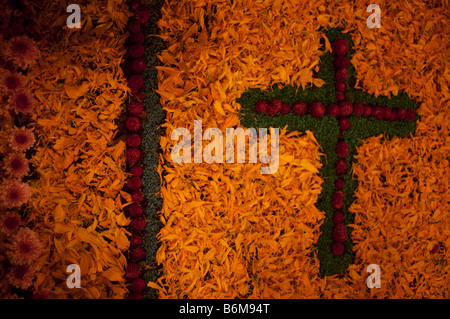 A grave is decorated with a flower known as The Flower of the Dead, at the cemetery in San Gregorio Atlapulco. Stock Photo