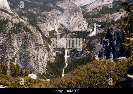Little Yosemite Valley showing Nevada Falls above Vernal Falls on the Merced river Stock Photo
