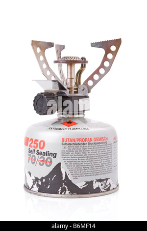 portable camping stove with a butane/propane gas canister Stock Photo