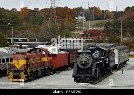 Steam and Diesel Locomotives in Train Yard at the Tennessee Valley Railroad Musuem in Chattanooga Stock Photo