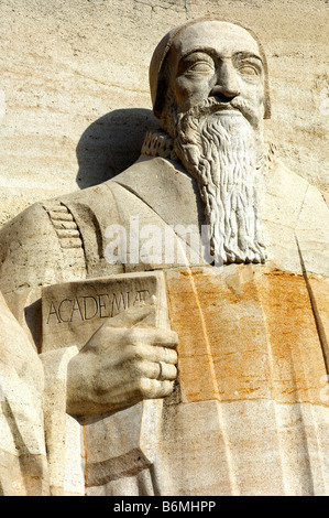 Sculpture of Theodore Beza with a book in his hand, International Monument to the Reformation, Geneva Switzerland Stock Photo