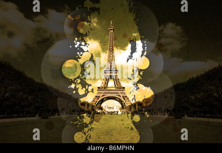 Vinyl splatter music design with overlays on a beautiful wide angle perspective Eiffel tower shot Stock Photo
