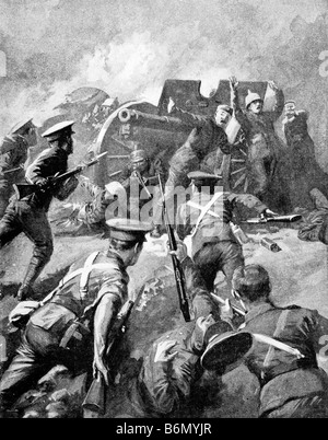 Contemporary World War One illustration of a German artillery crew surrendering in the face of a charge by Allied soldiers. Stock Photo