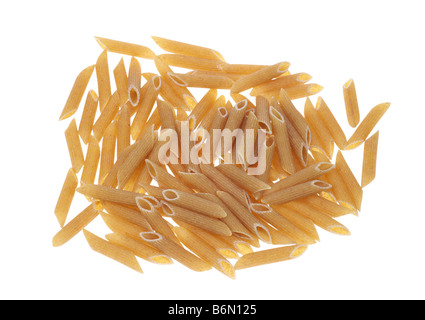 whole wheat penne rigate pasta isolated on a white background Stock Photo