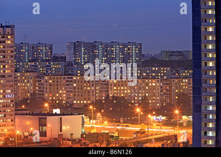 Cityscape, city, 1980s apartment buildings in the evening with lights in windows, Moscow, Russia Stock Photo