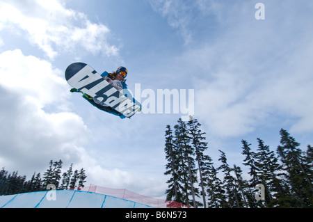 Athlete competing at the Telus World Ski and Snowboard Festival in Whistler, Canada held every April Stock Photo