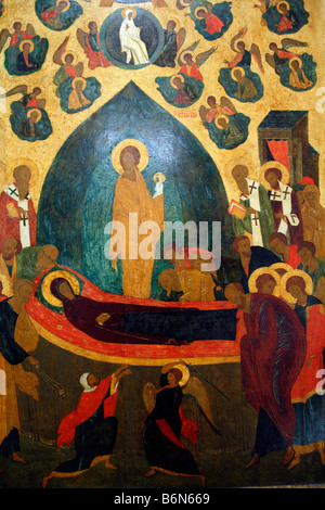 Dormition of the Virgin (late 15 century), icon, Museum of Old Russian art, Moscow, Russia Stock Photo