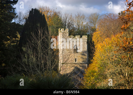 Bell tower of the 13th century Church of St Just in Roseland, Carrick, Cornwall Stock Photo